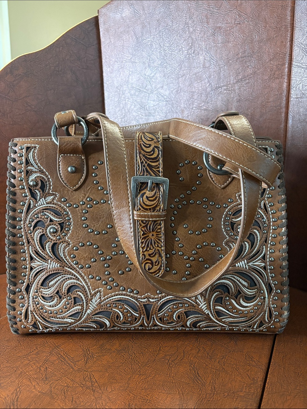Montana West Brown Tooled Leather Shoulder Bag with Stud Accents